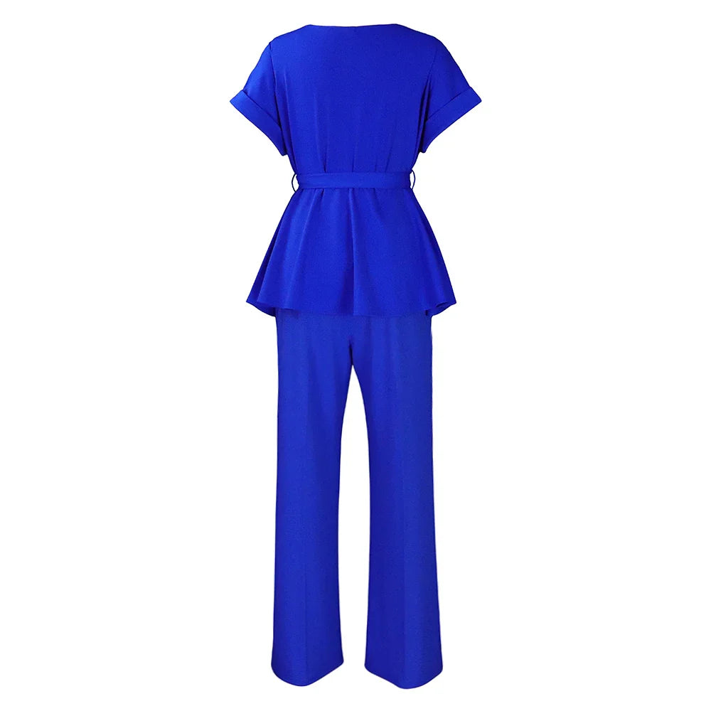 Women's Elegant 2 Piece Pants Set with Solid Blouse Short Sleeve O Neck and Long Trousers
