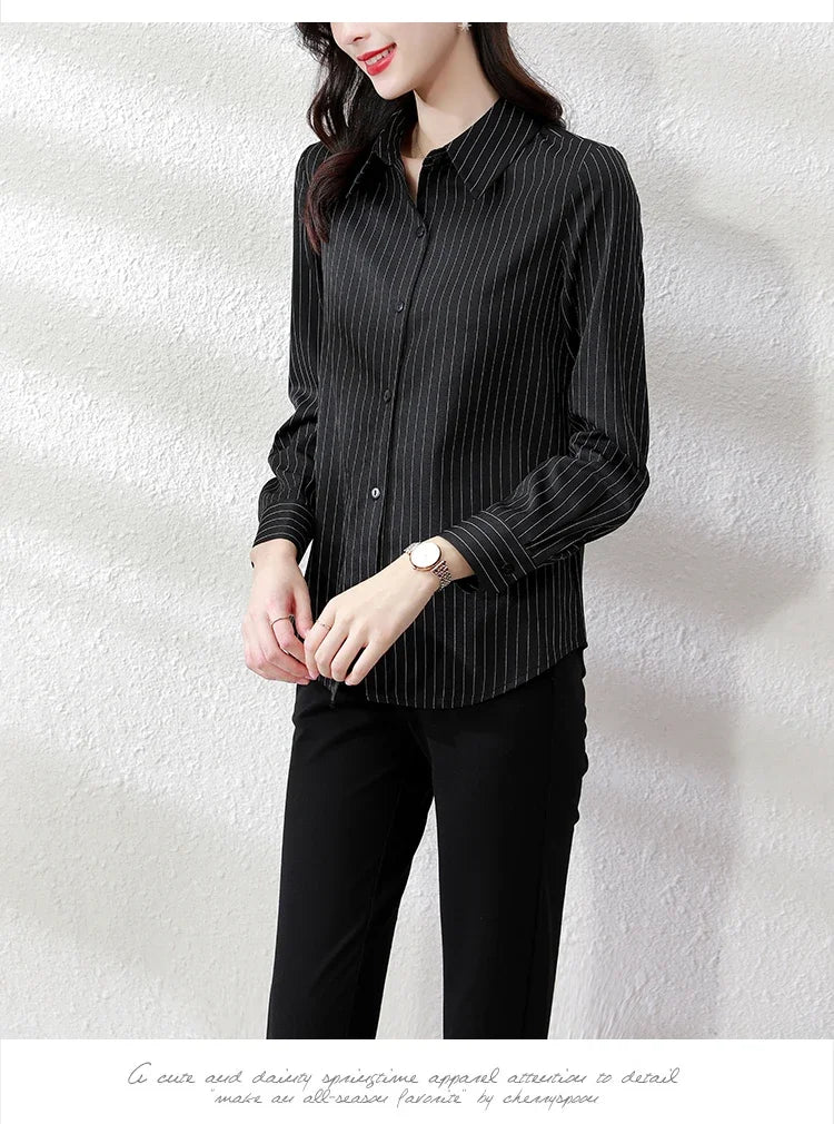 Striped Long Sleeve Women Shirt Button Up Blouse Lightweight Chiffon Tops Elegant Casual Office Wear