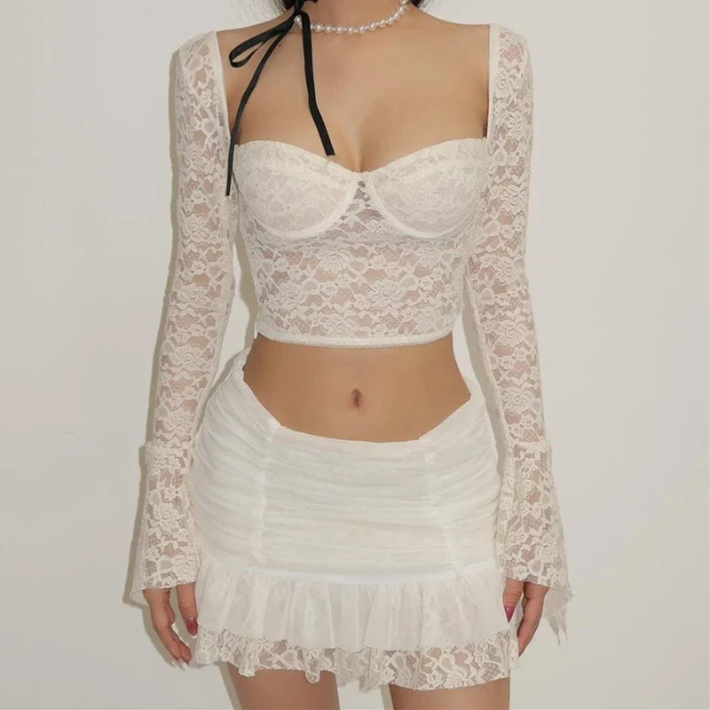 Elegant Y2K Lace See-Through Long Sleeve Crop Top with Ruched Slim Skinny Mini Skirt Two-Piece Set for Women