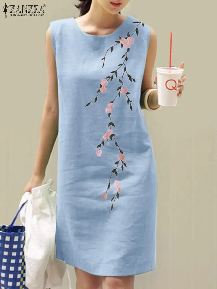 Floral Embroidery Cotton Sleeveless Sundress Boho Beach Dress