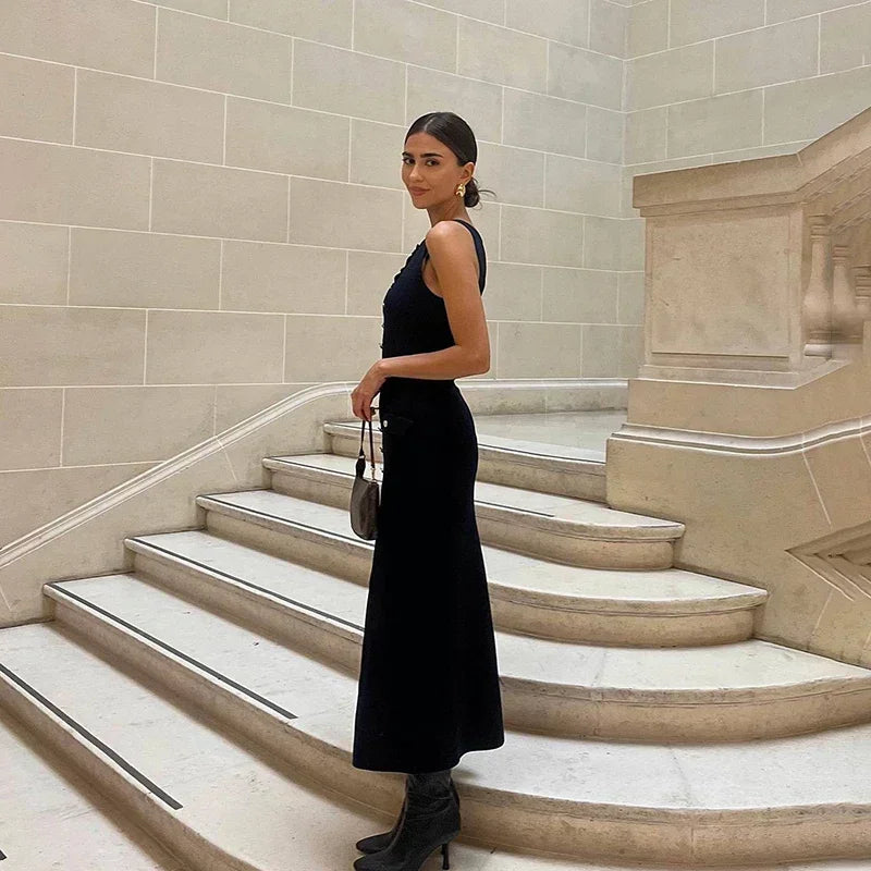 Elegant Sleeveless Ribbed Knit Bodycon Dress High Waist