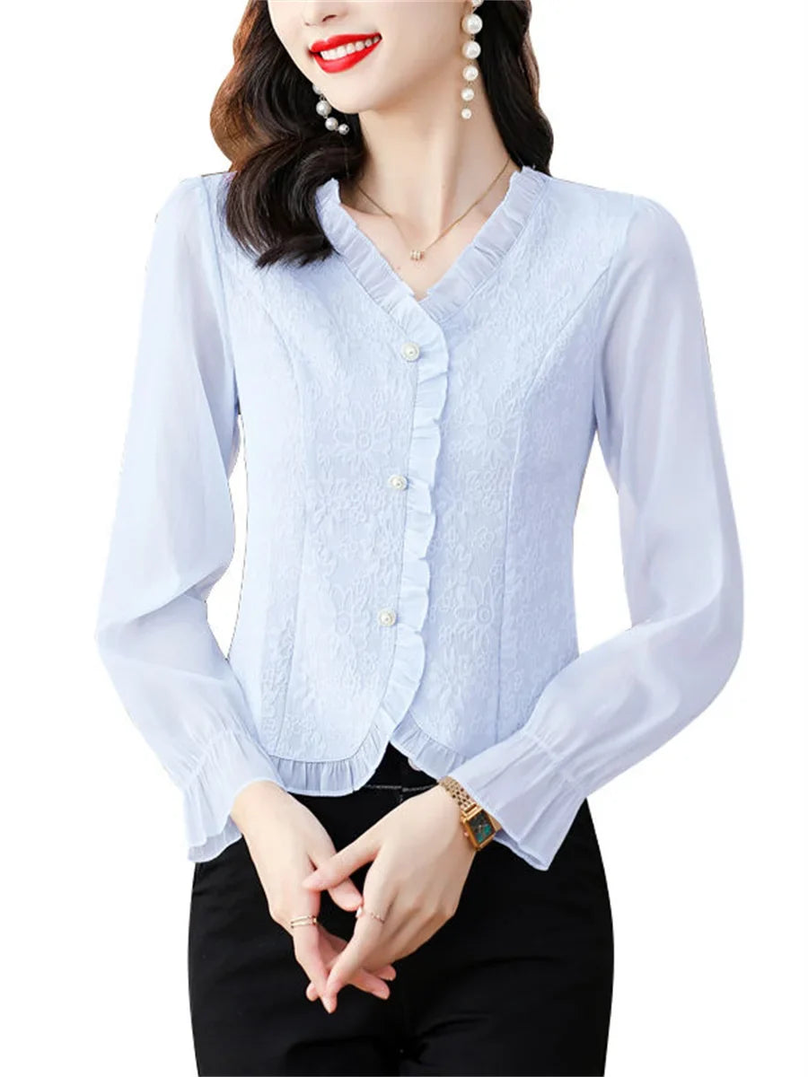Women Casual Long Sleeve V-Neck Blouse Solid Color Lightweight Shirt for Spring and Autumn