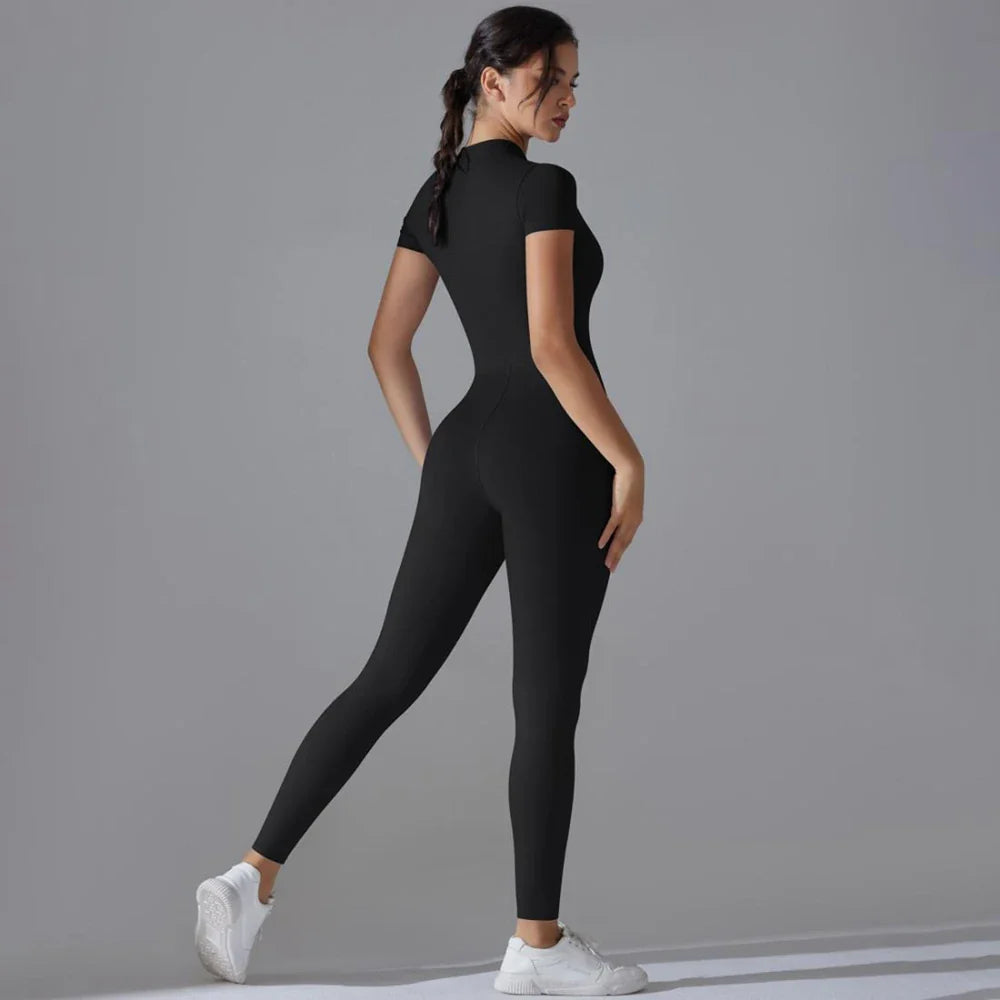 Womens Short Sleeve Yoga Jumpsuit Slim Fit Stretch One Piece Romper with Front Zipper Sexy Fitness Activewear Basic Sportwear in Black