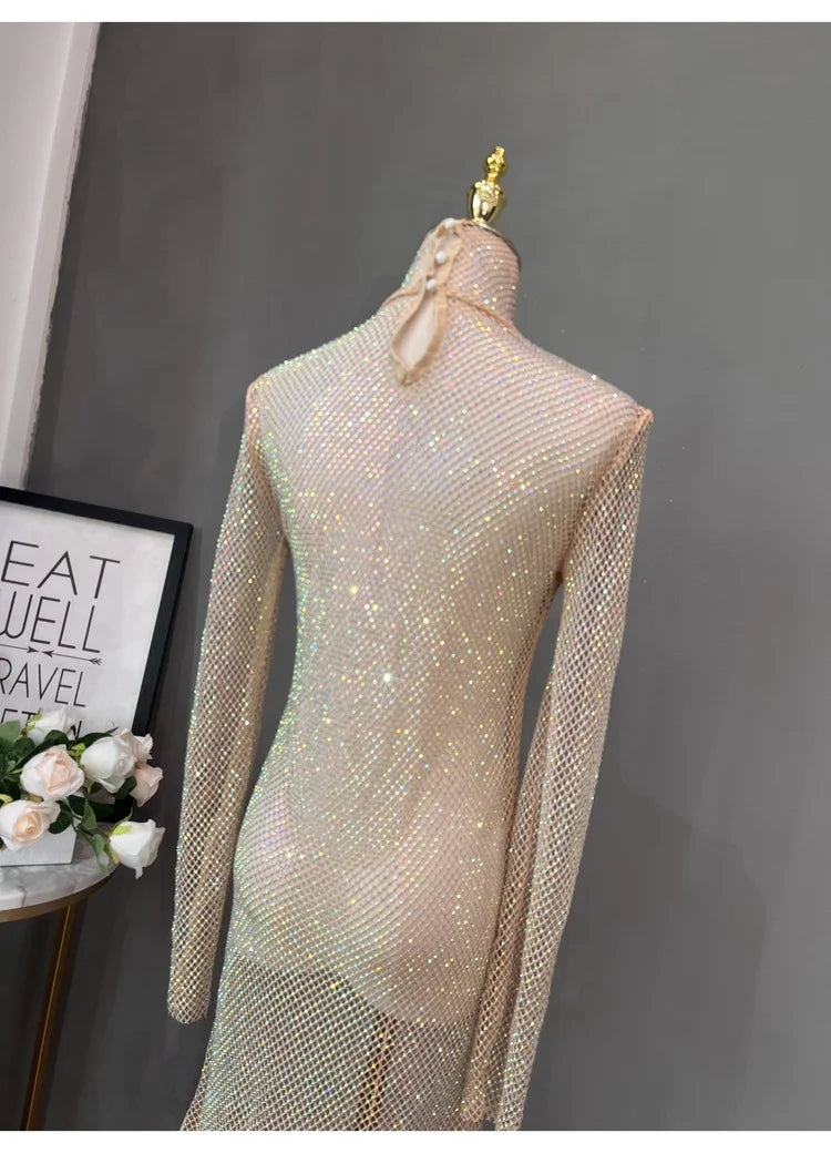 Rhinestone High Neck Glitter Party Dress Mid Length