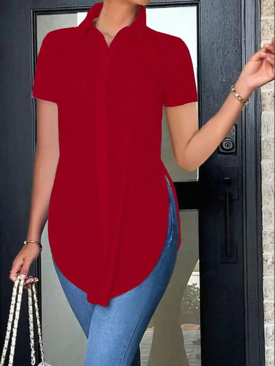 Women's Asymmetrical Buttoned Casual Top with Side Slit Turn-Down Collar Long Sleeve Shirt for Everyday Wear