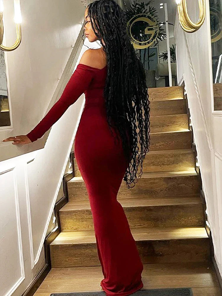 One Shoulder Red Dress Knit For Women Autumn Winter Fashion