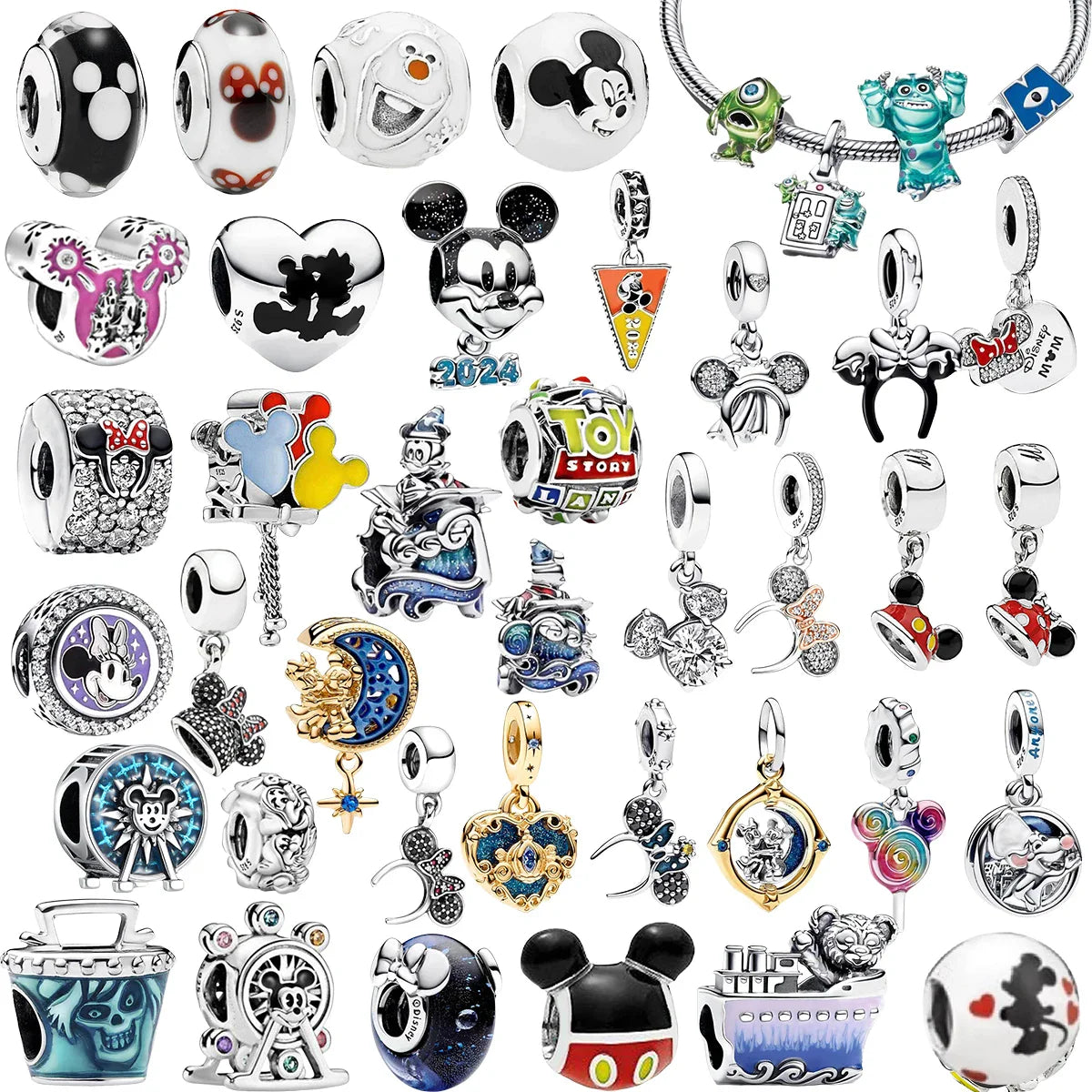 925 Sterling Silver Disney Minnie Mickey Charm Bead for Original Pendant Bracelet DIY Jewelry
