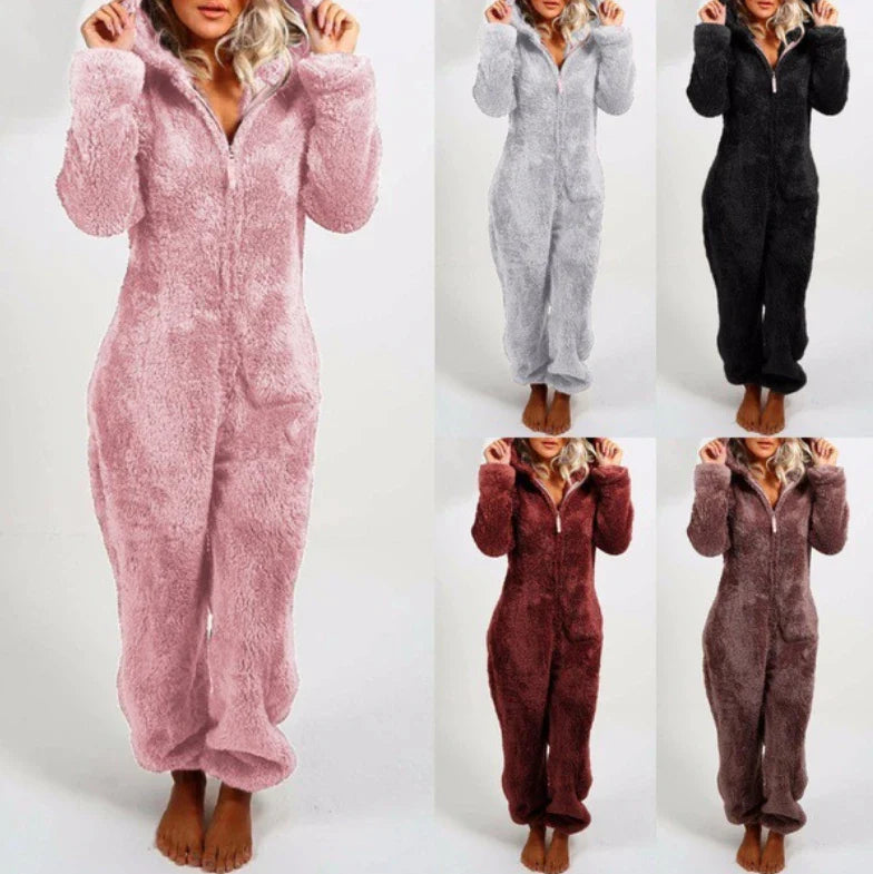 Women's One-Piece Hooded Jumpsuit Thickened Full-Length Overalls Cozy Autumn Winter Wear