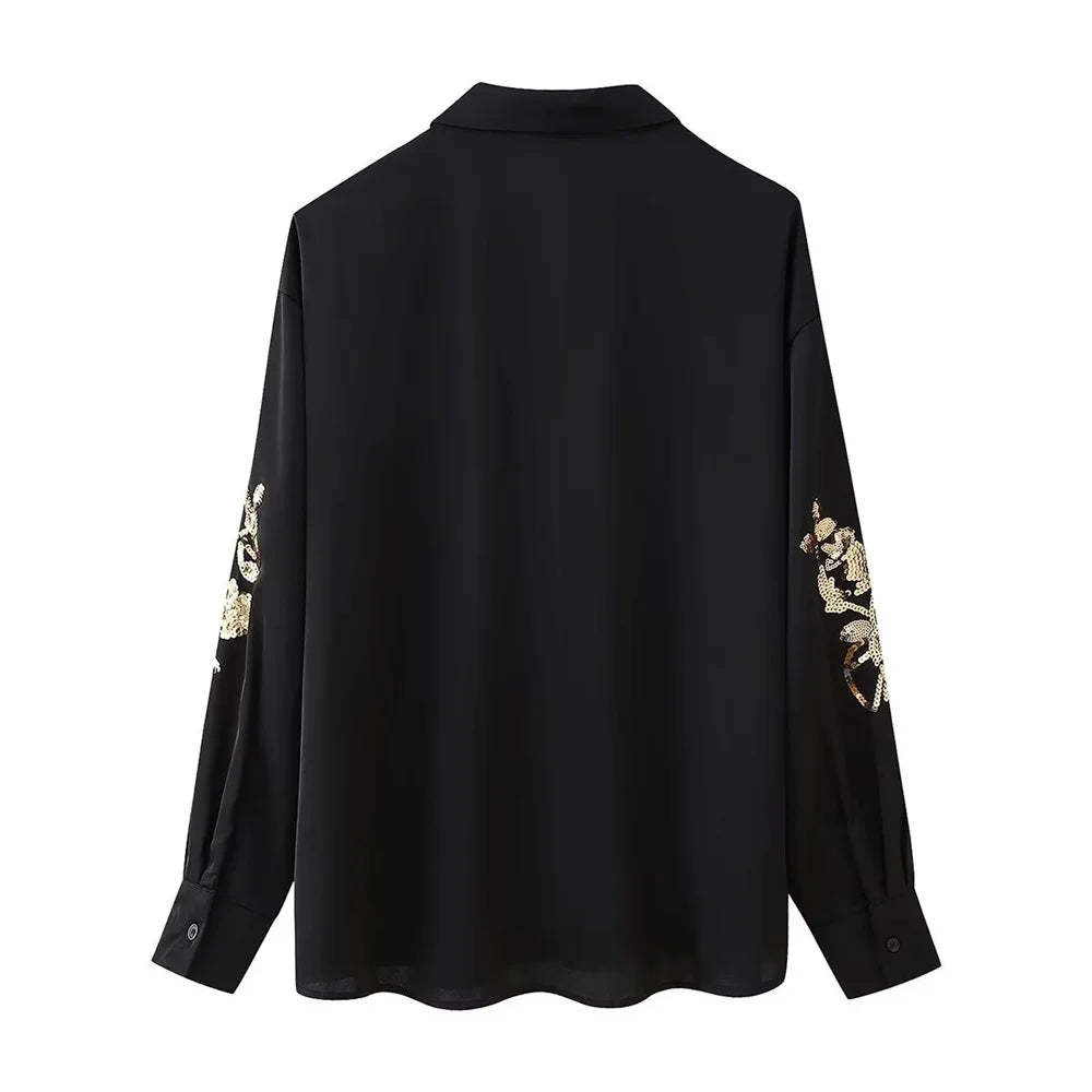 Women's Satin Texture Sequin Embroidered Shirt and High Waist Long Pants Set