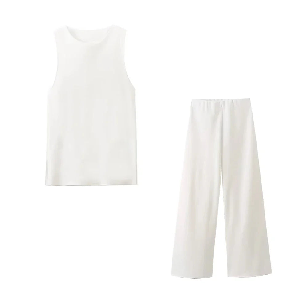 Women Casual Two Piece Set with Sleeveless Tank Top and Wide Leg Pants