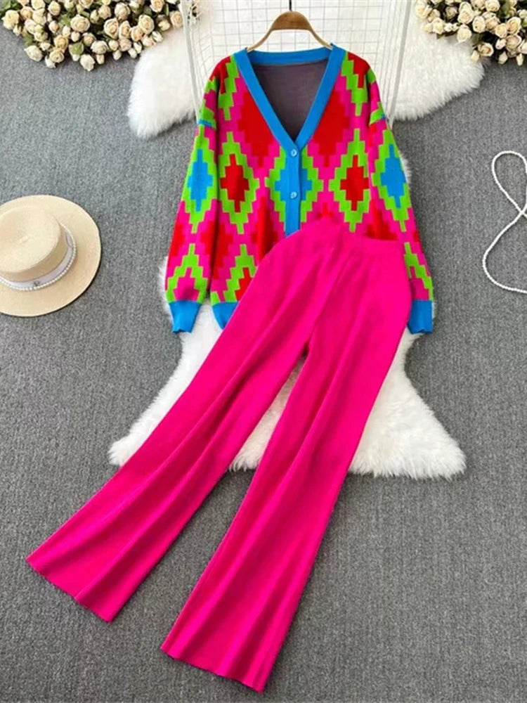 Casual Elegant Diamond Grid V-Neck Button Down Long Sleeve Top with Elastic Waist and Wide Leg Women's Suit Outfit