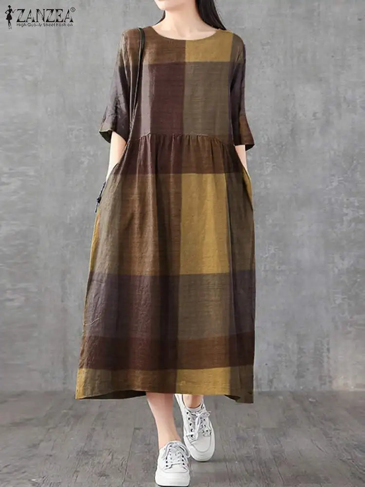 Cotton Linen Plaid Midi Sundress With Pockets O Neck