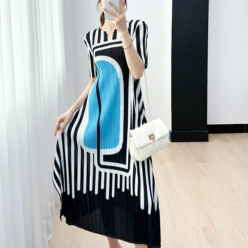 Pleated Striped Dress For Women O Neck Short Sleeve