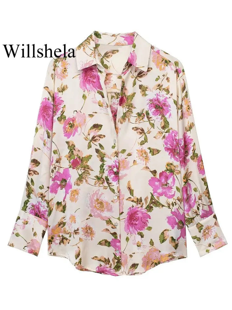 Willshela Women Floral Printed Single Breasted Blouse Vintage Lapel Neck Long Sleeve Chic Shirt