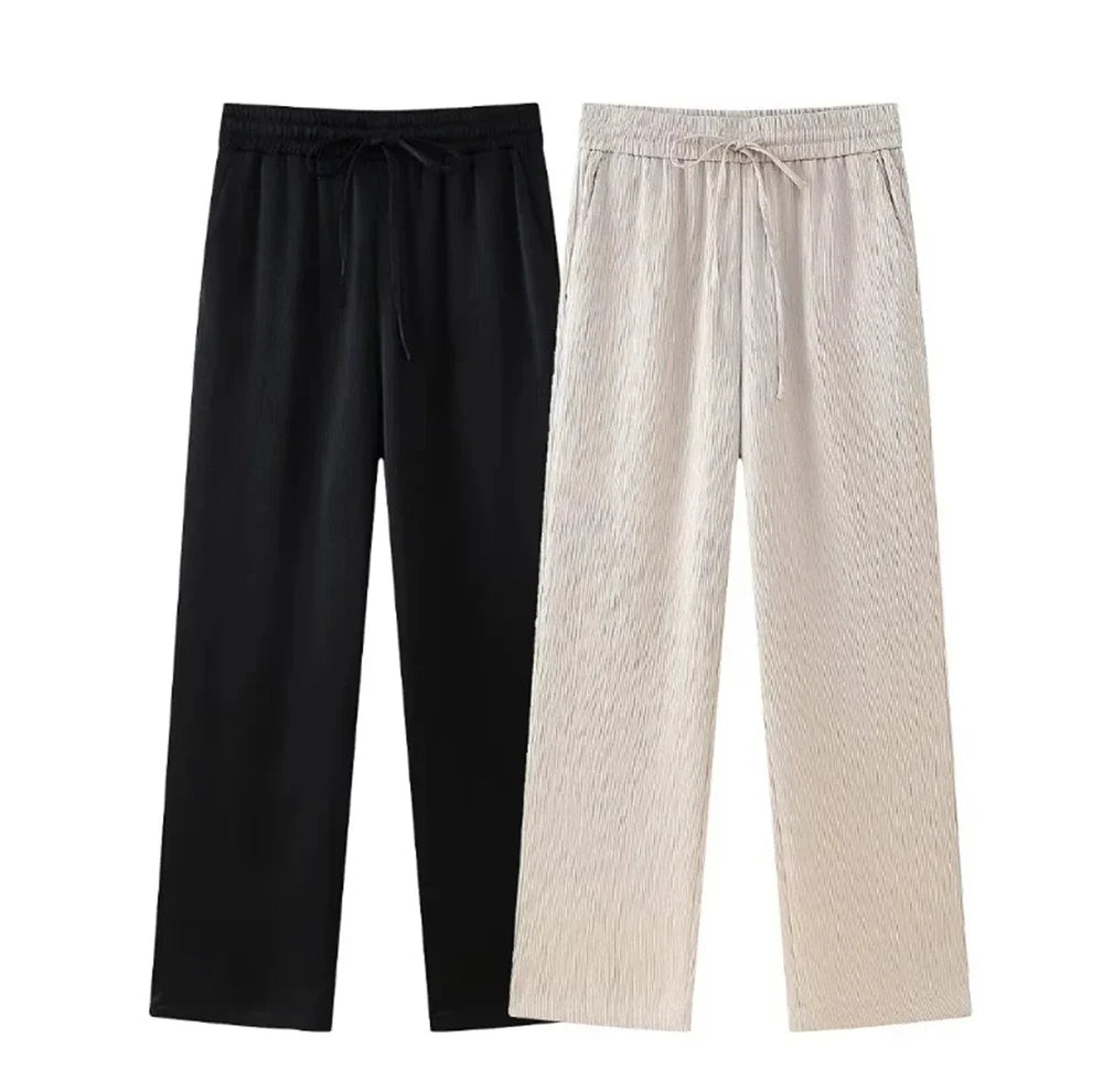 Women's Satin Blazer and High Waisted Straight Leg Pant Set with Crease Texture