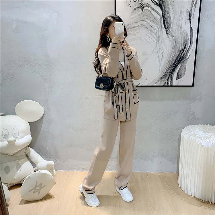 Autumn Elegant Two Piece Trouser Suit for Office Ladies with Long Sleeve Coat and Casual Wide Leg Trousers Set