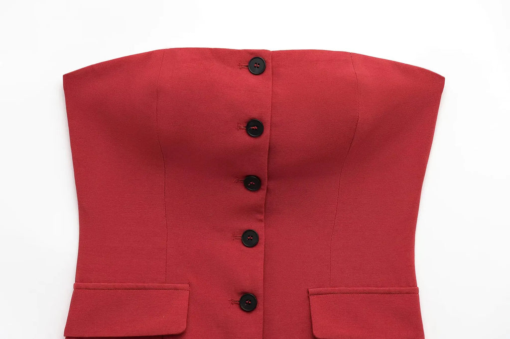 Elegant Red Pant Suit for Women with Front Button Decoration and Strapless Sexy Tank Tops, Wide Leg Trouser Fashion Streetwear