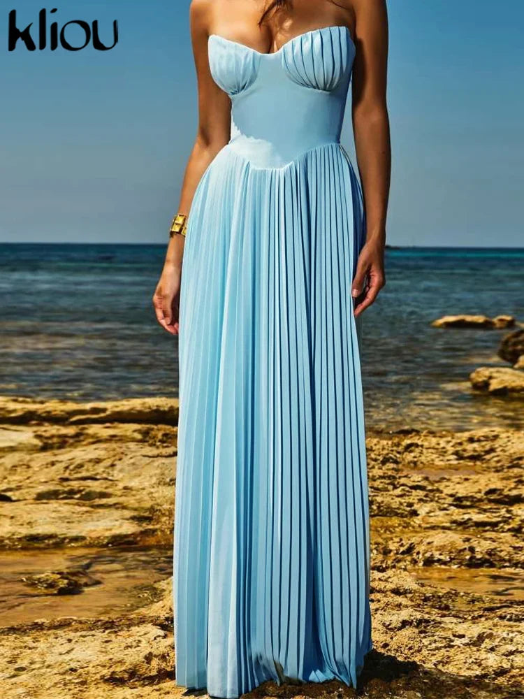 Pleated Maxi Dress Wrap Front Zip Up Bodice Shaping