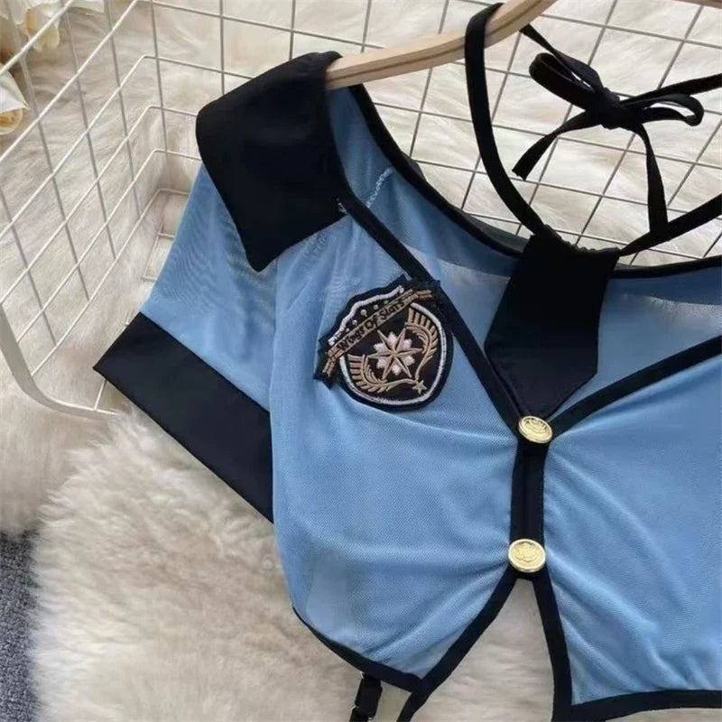 Women Preppy Sexy Uniform Set Sheer V Neck Top Lace Up Mini Skirt Hollow Out Thong Lingerie Cosplay Costume