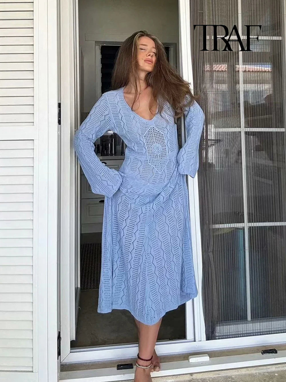 Blue Knit Beach Maxi Dress V Neck Long Sleeve Sheer