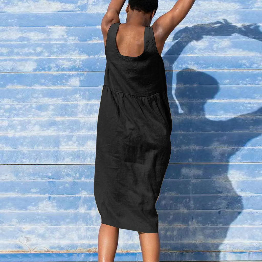 Boho Cotton Linen Sleeveless Dress For Women Summer Holiday