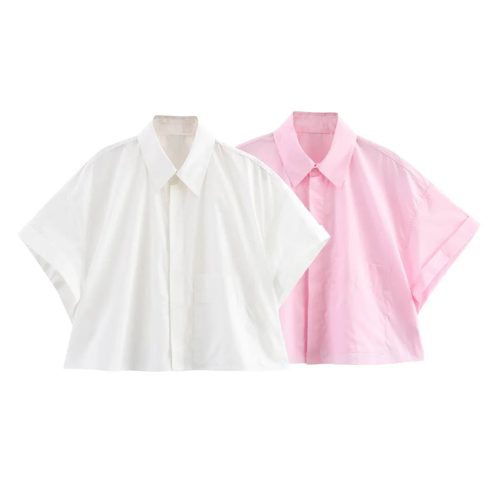 Women's Poplin Short Sleeve Shirt with Elegant Collar Buckle Detail Casual Lightweight Top for Spring and Summer