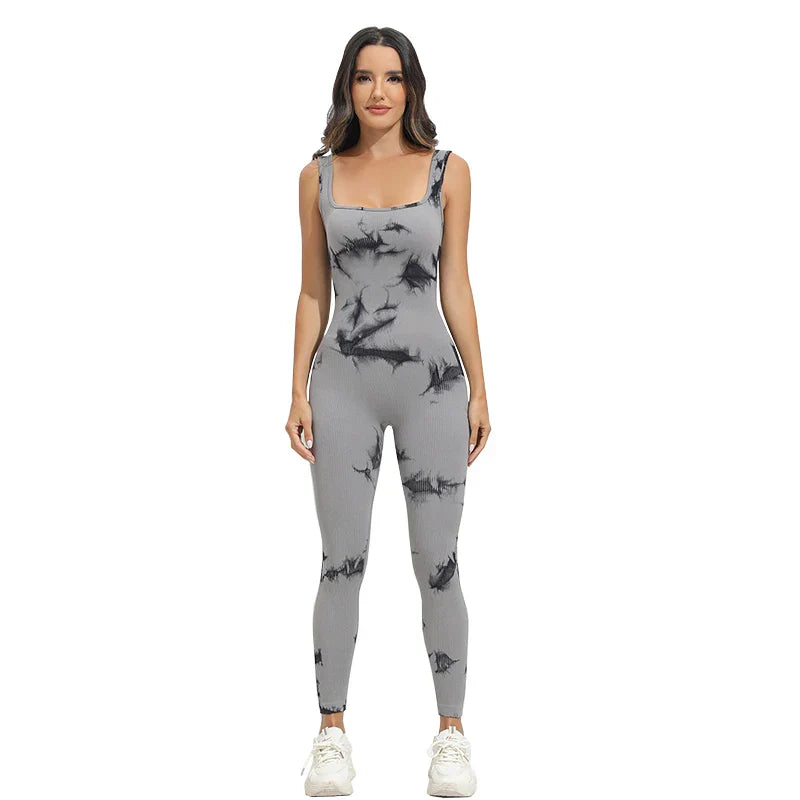 Tie-Dye Ribbed One-Piece Tank Top Jumpsuit for Women Sleeveless Yoga Sportswear Stretchy Comfort Fit