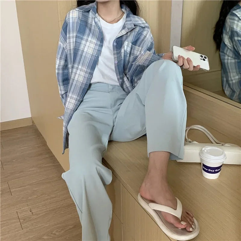 Casual Long Sleeve Plaid Blouse Mid Length Loose Fit Turn Down Collar Shirt for Women Autumn Winter Fashion Top