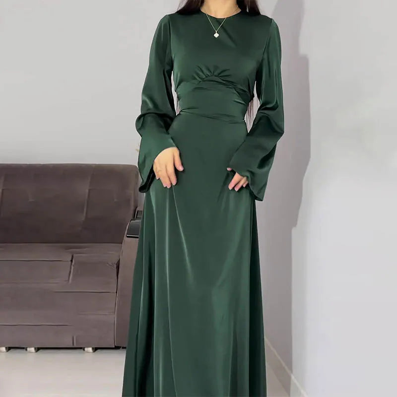 Satin Evening Dress With Lace Up Slim Fit Flare Sleeves