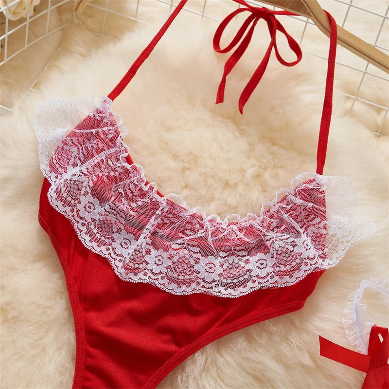 Sexy Lace-Up Lingerie Bodysuit Set with Mini Skirt Backless Patchwork Lace Edge Hollow Cosplay Maid Uniform