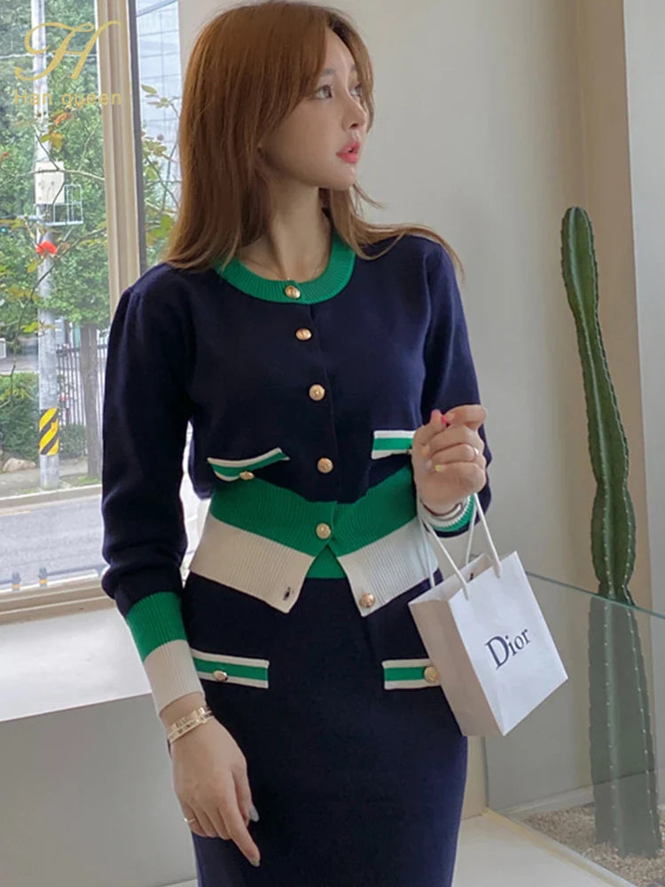 Two Piece Color Block Knitted Pencil Dress Set For Women