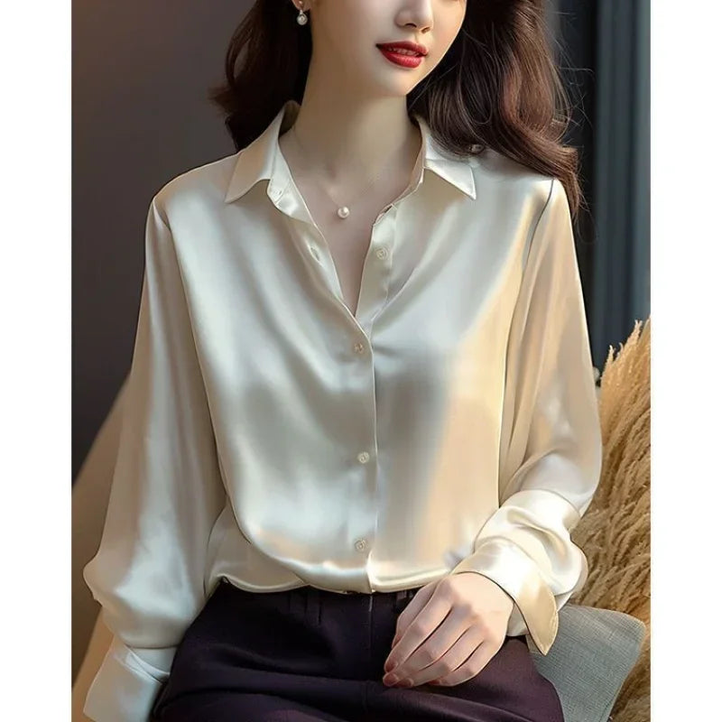 Women's Elegant Solid Color Polo Neck Button Down Long Sleeve Loose Fit Shirt Top for Spring and Autumn Commuter Wear