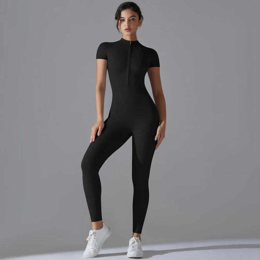 Womens Short Sleeve Yoga Jumpsuit Slim Fit Stretch One Piece Romper with Front Zipper Sexy Fitness Activewear Basic Sportwear in Black