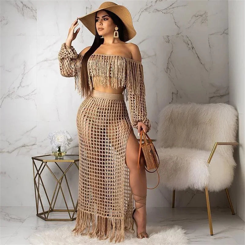 Fringed Tassel Two Piece Women's Beachwear Set Crochet Hollow Out See Through Crop Top and Long Skirt Vacation Outfit