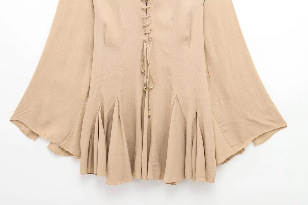 Womens Lace Up Mini Dress With Flared Sleeves Pleated