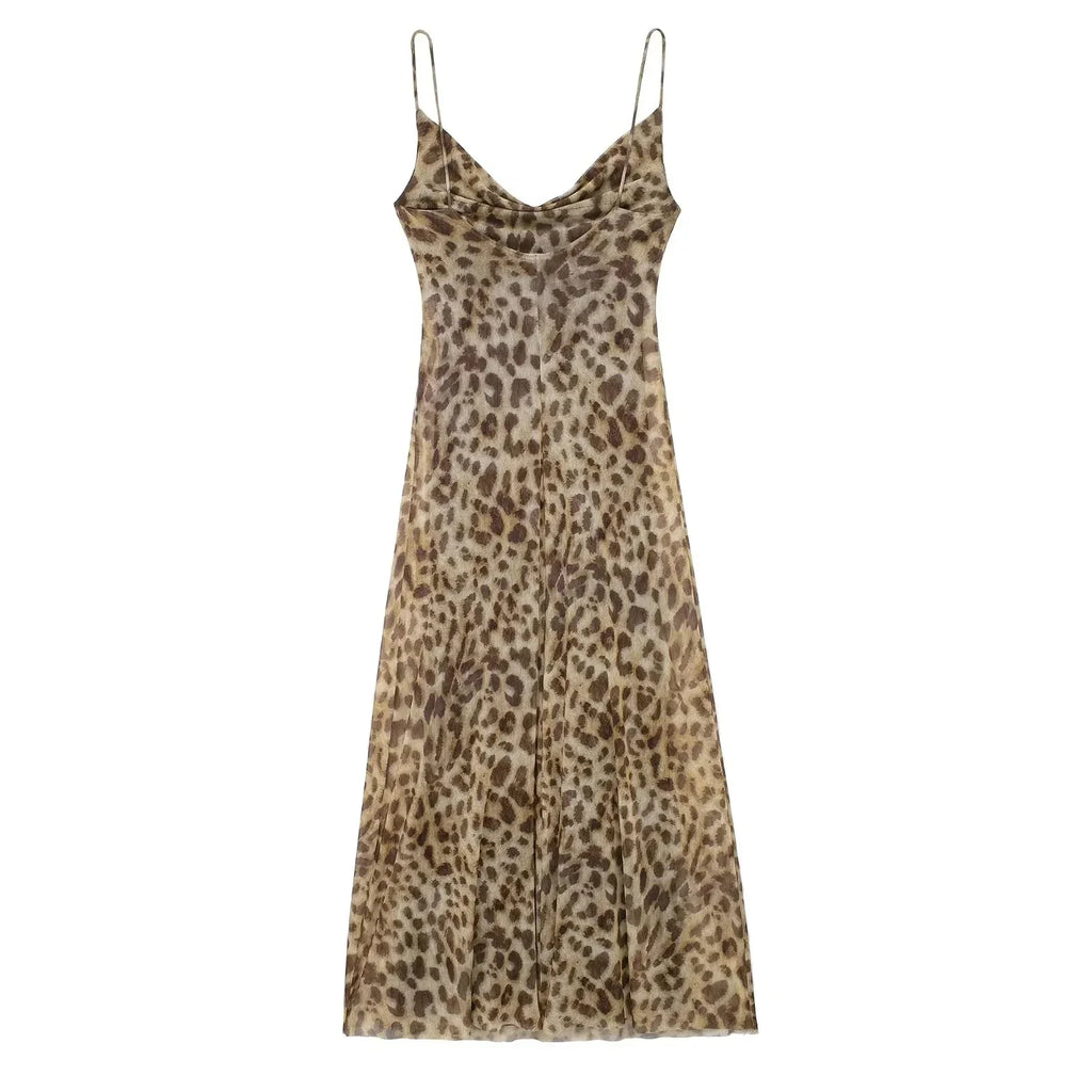 Leopard Print Maxi Dress Tulle Backless Slip for Women