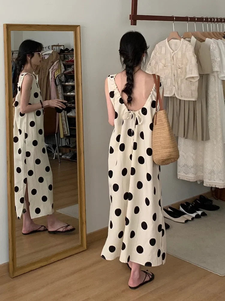 Sleeveless Maxi Dress For Women Side Slit Dot Print