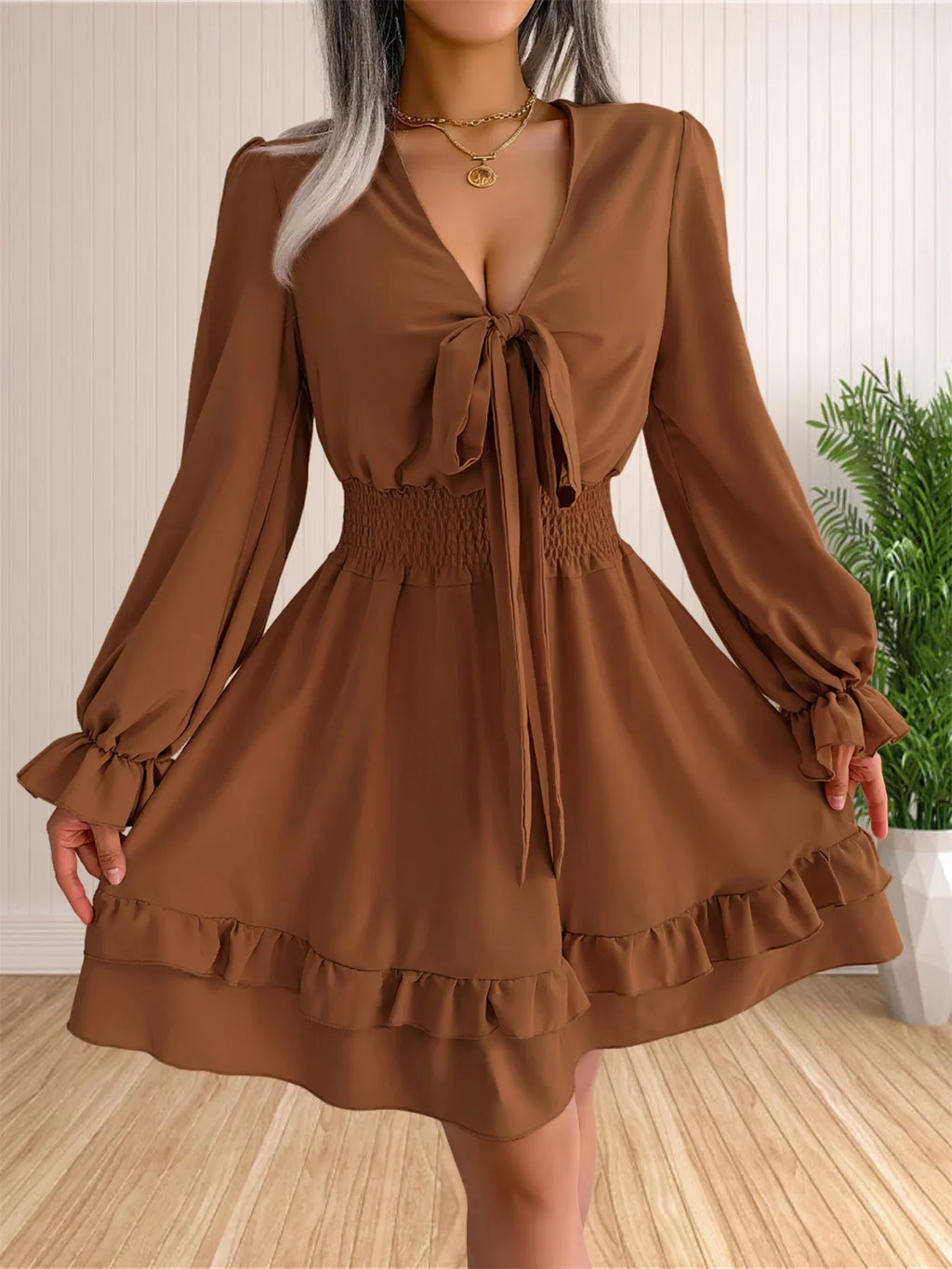 Womens V Neck Knot Front Smocked Waist Tiered Skater Dress