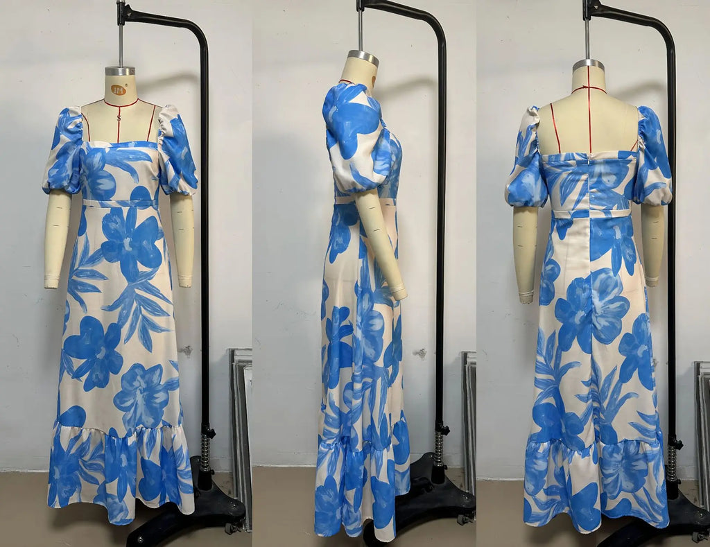 Bohemian Printed Lantern Sleeve Maxi Dress With Collar