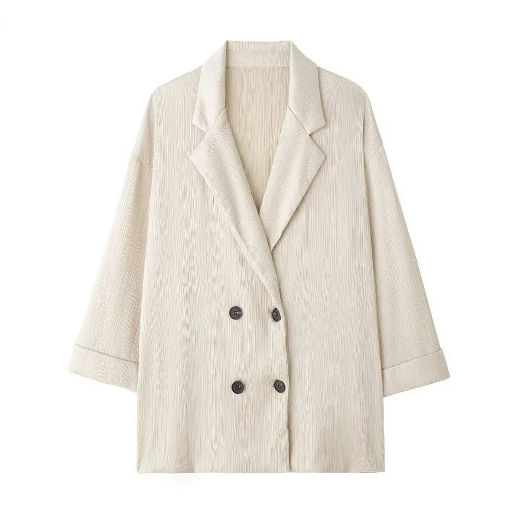 Elegant Women Blazer Pant Suit Set with Wrinkle Effect Double Breasted Long Sleeve Coat and Straight Trouser for Office Wear