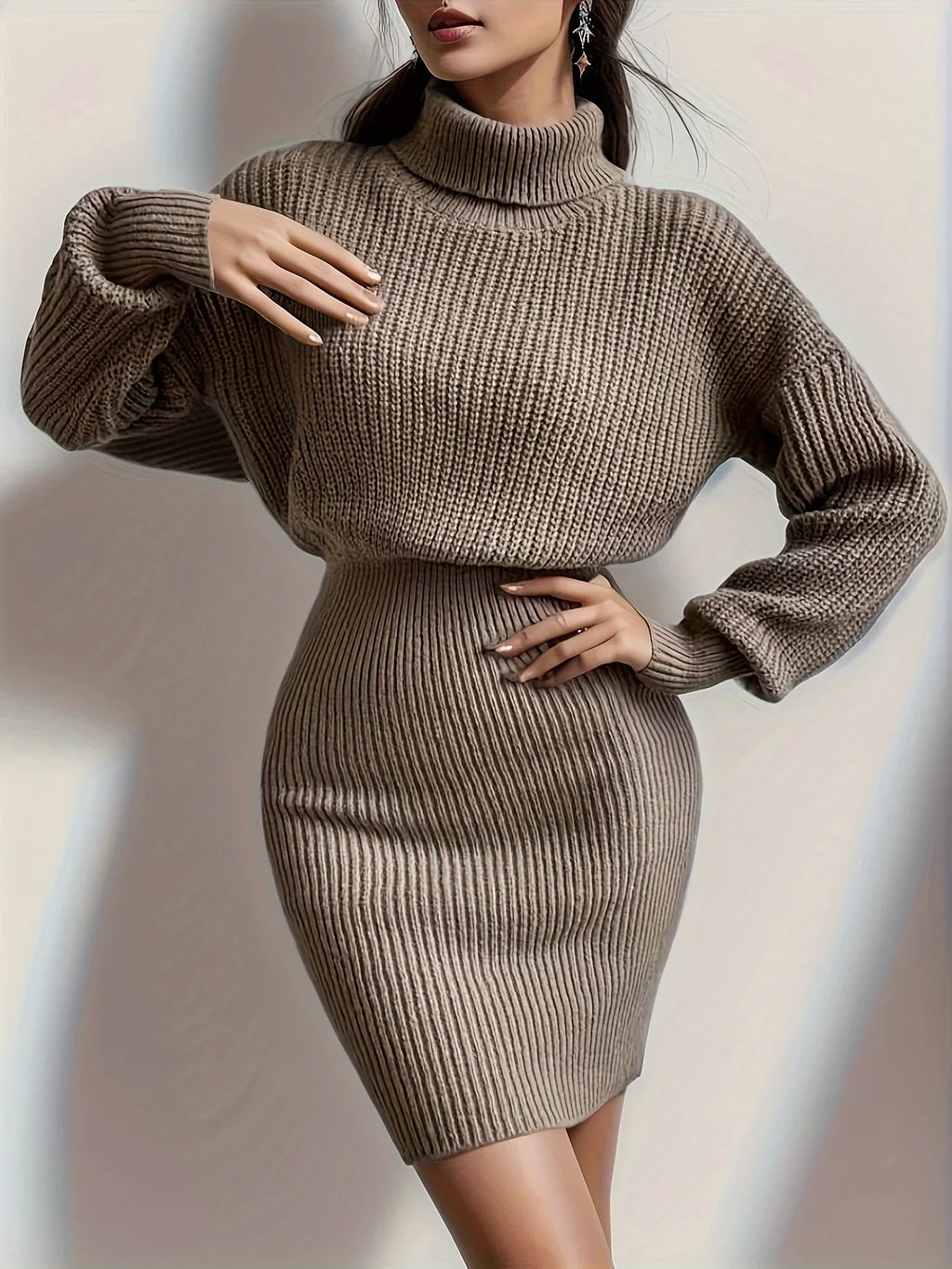 Slim Fit High Neck Dropped Sleeve Sweater Dress For Women