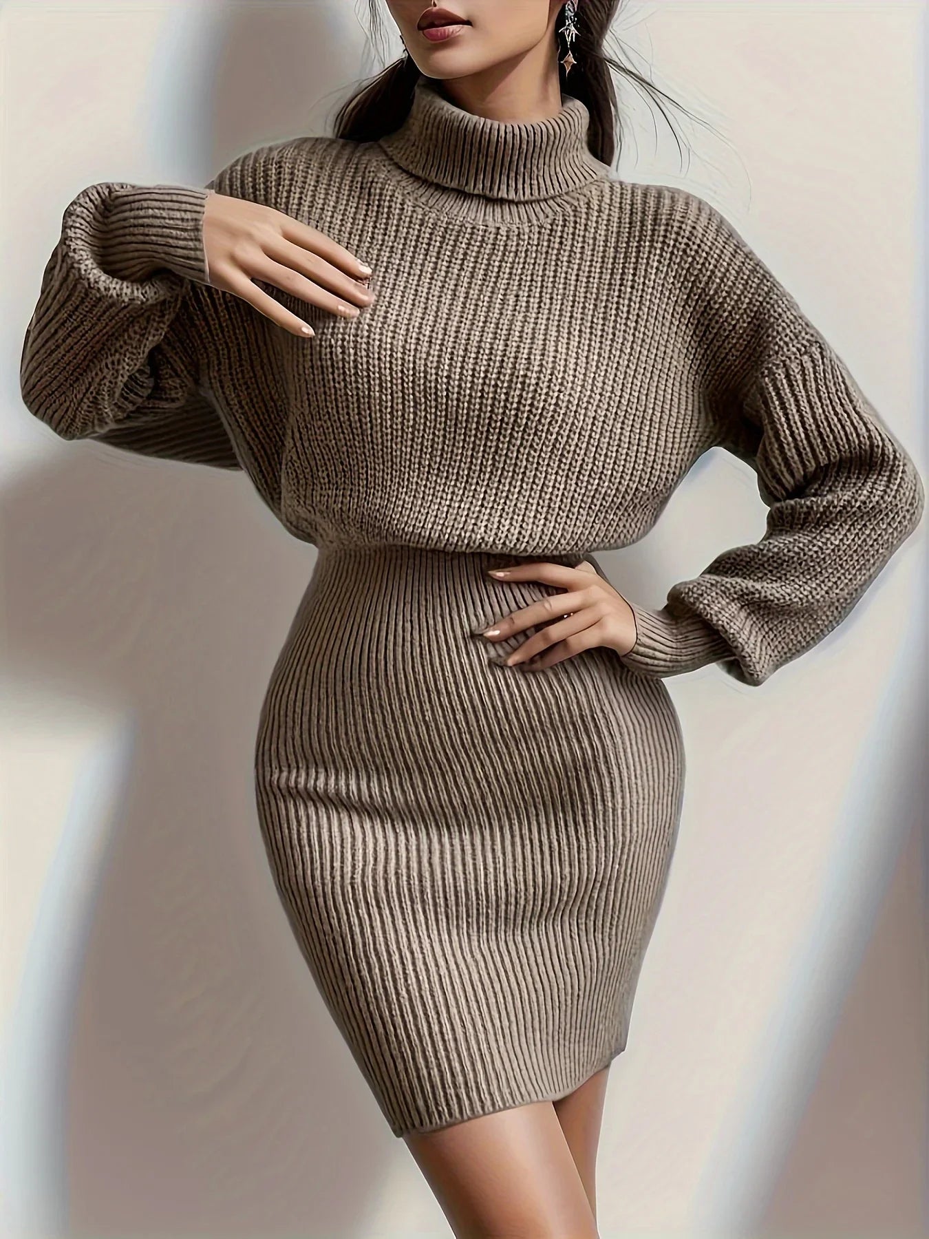 Slim Fit High Neck Dropped Sleeve Sweater Dress For Women