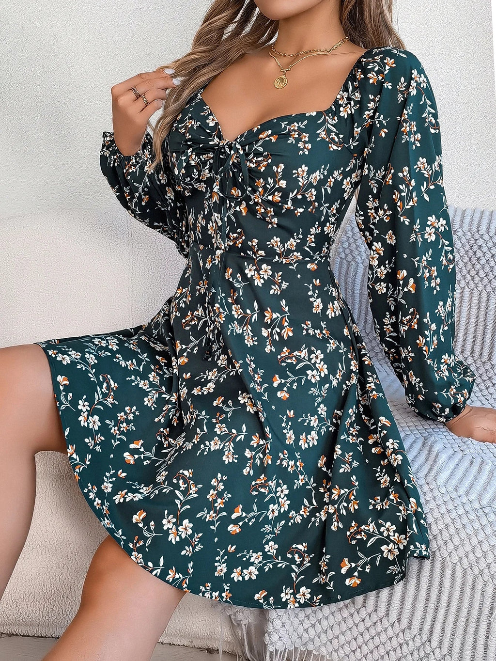 Floral Print Square Neck Dress With Long Sleeve Lace Up