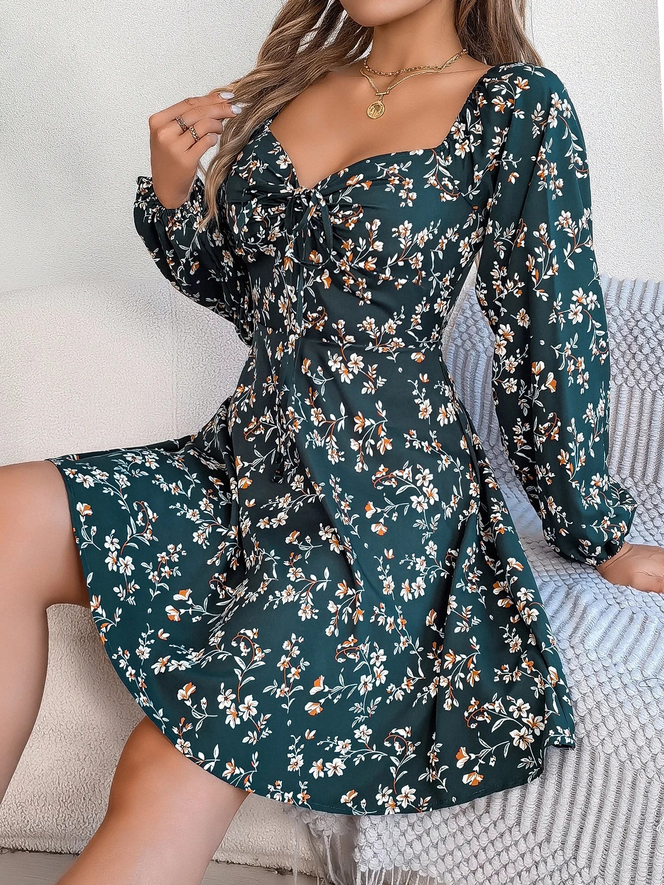 Floral Print Square Neck Dress With Long Sleeve Lace Up