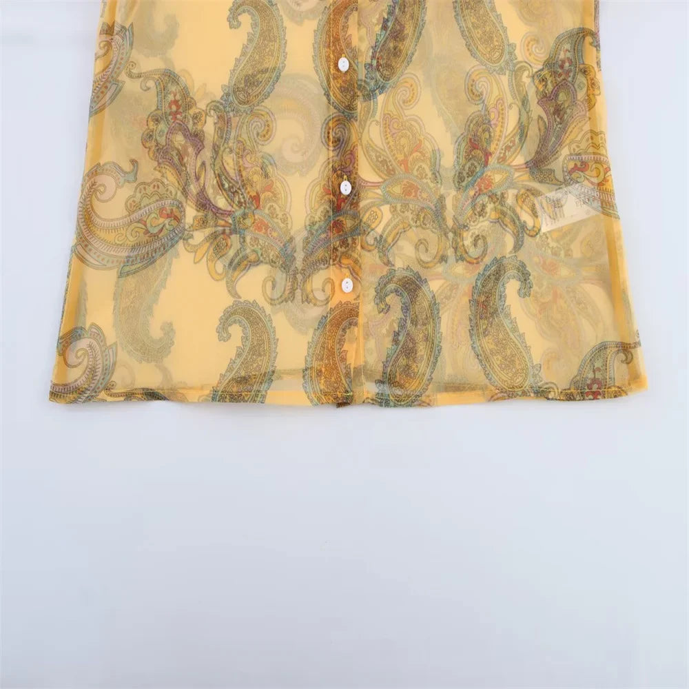 Womens Sheer Chiffon Blouse with High Neckline Puff Long Sleeves and Paisley Print Button Front Design