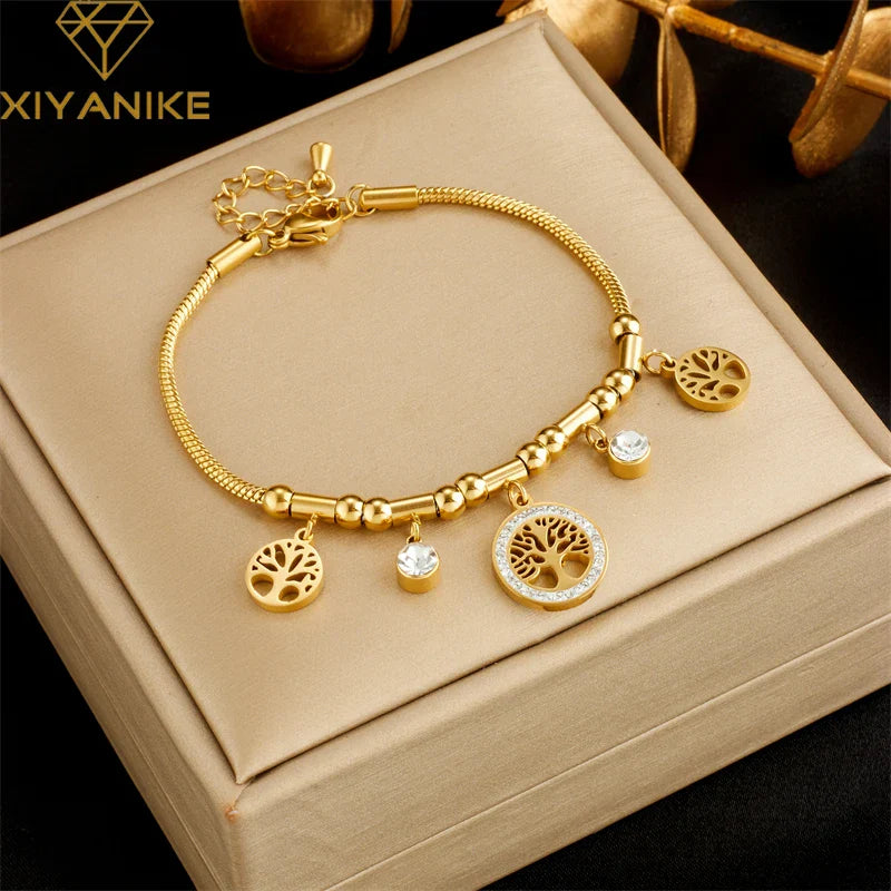 Golden Life Tree Stainless Steel Bracelet with White Zircon Pendant for Women Elegant Jewelry Gift