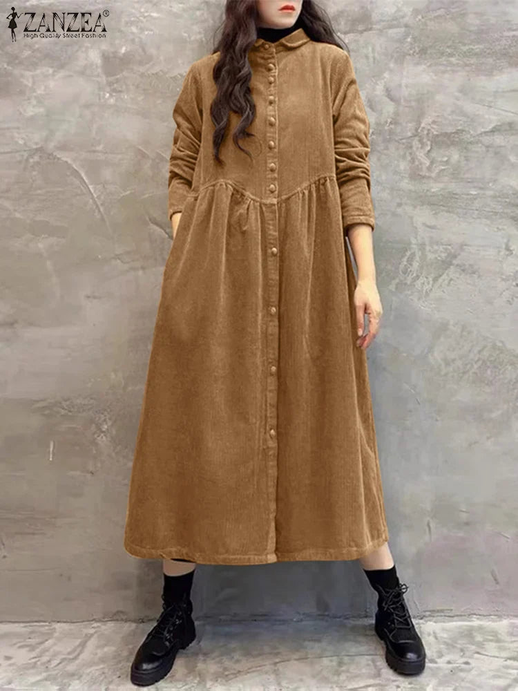 Women Autumn Corduroy Dress With Button Front And Pockets