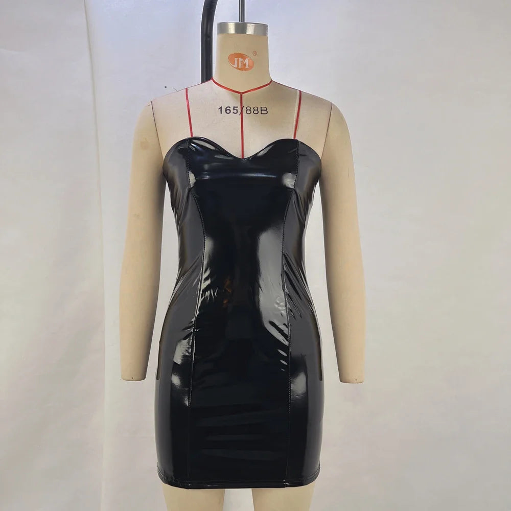 Mirror PU Sexy Strapless Club Dress With Cinched Waist