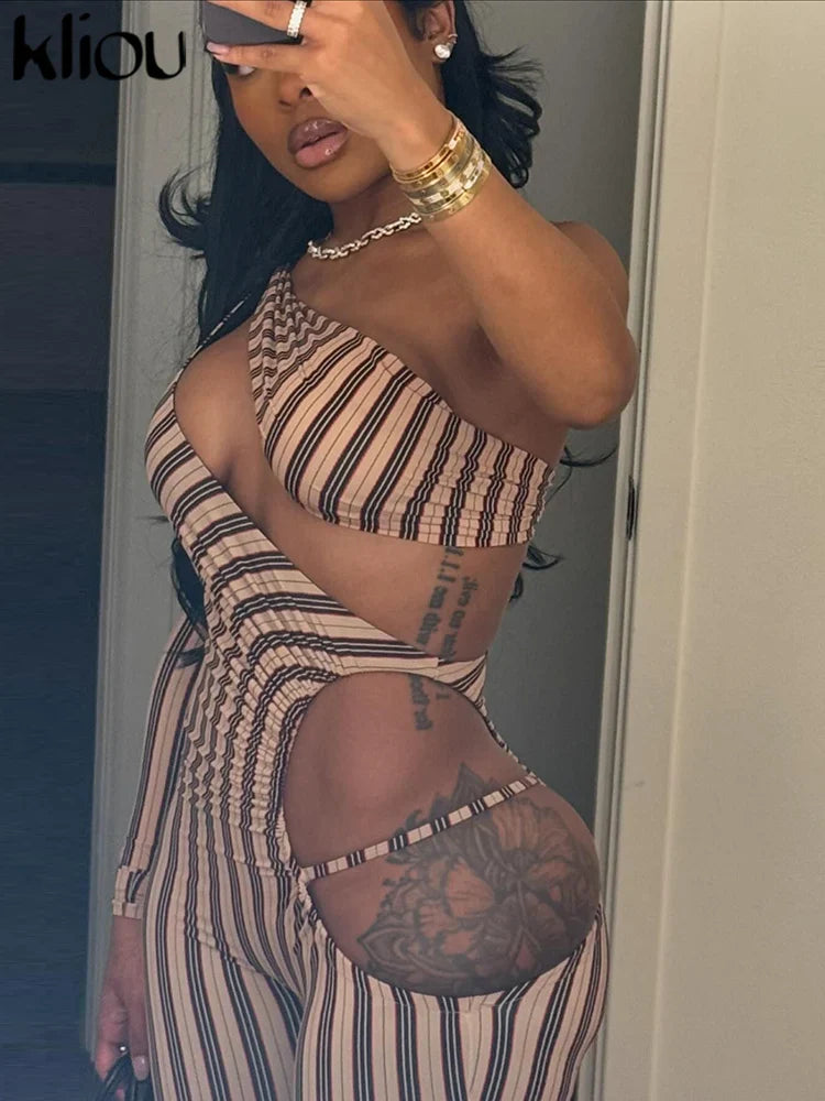Sexy Striped Printed Women Jumpsuit with Inclined Shoulder Hollow Cleavage Skinny Fit Overalls Stylish Fashion Clubwear
