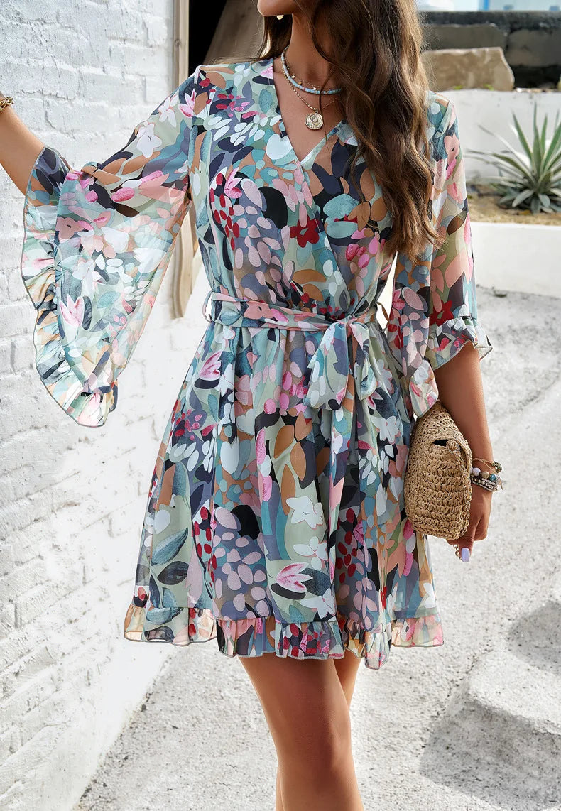 Floral Print Midi Dress with Strappy Lace Up V Neck Party
